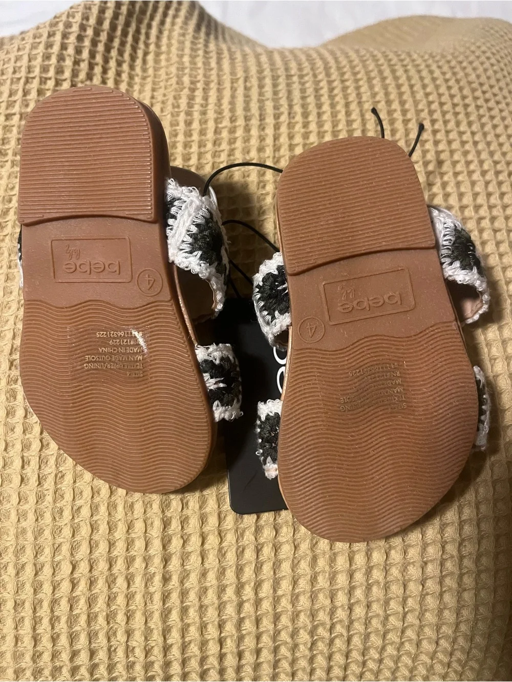 bebe Tan Sandals with Black & White Crochet Straps
